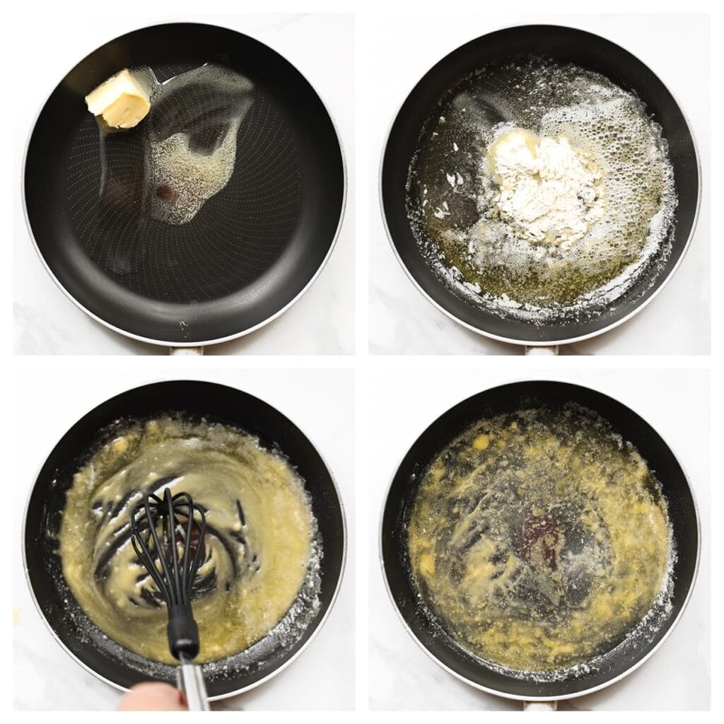 Smelt ondertussen de roomboter in een steelpan met dikke bodem op laag vuur. Voeg de bloem toe en roer met een garde 1 minuut tot een geheel.