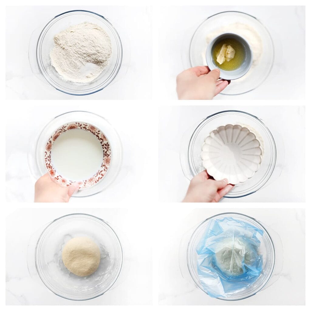 Doe de bloem, het zout, bakpoeder, de roomboter, melk en het water in een diepe kom. Kneed 10-12 minuten tot een samenhangend deeg. Dek af en laat 10 minuten rusten.