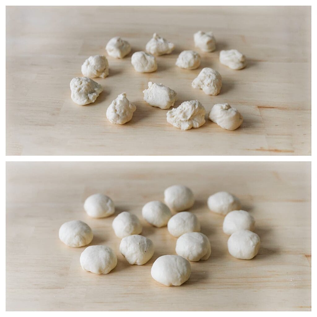 Verdeel het deeg in 13 gelijke stukken van ongeveer 30 g en vorm er bolletjes van.