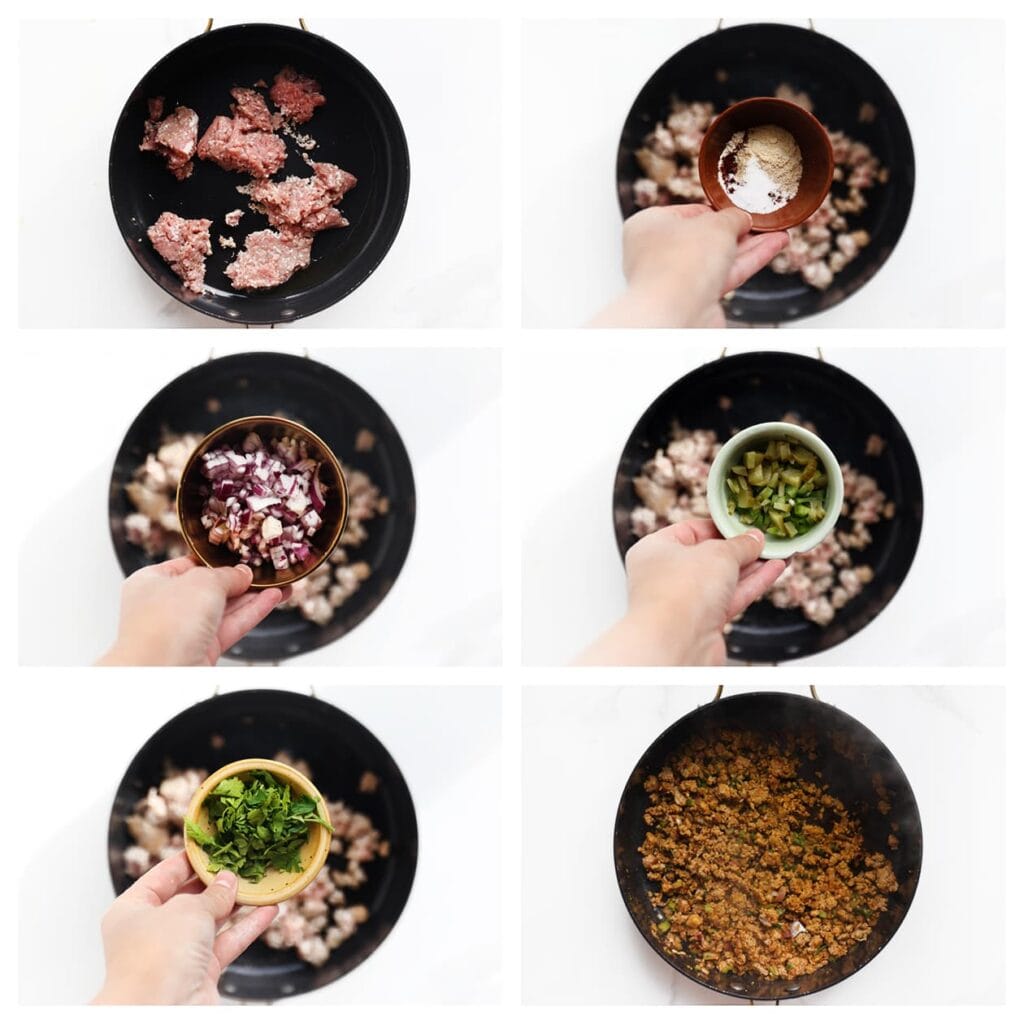 Verhit de olijfolie in een koekenpan op middelhoog vuur. Voeg het gehakt toe en bak 3-4 minuten.