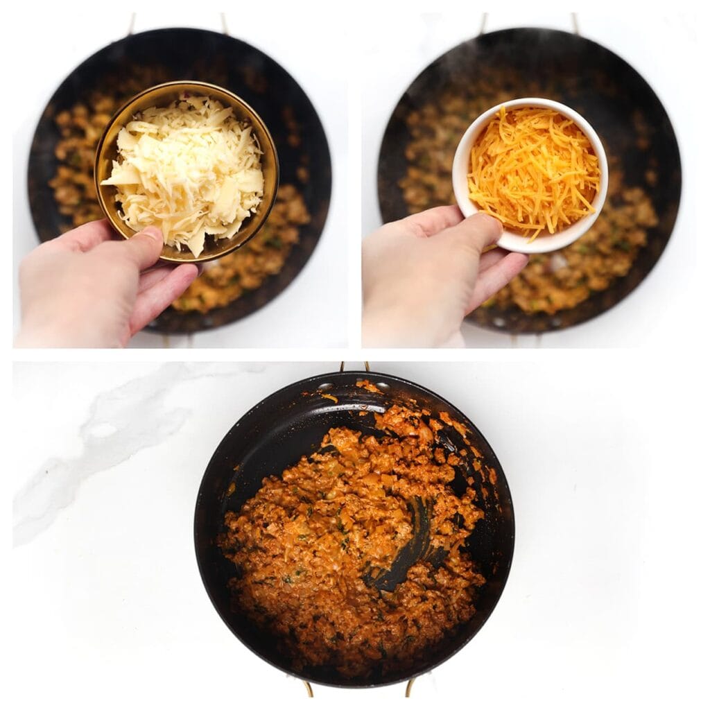 Haal de pan van het vuur en voeg de geraspte cheddar en jonge kaas toe. Meng goed en laat het gehaktmengsel volledig afkoelen.