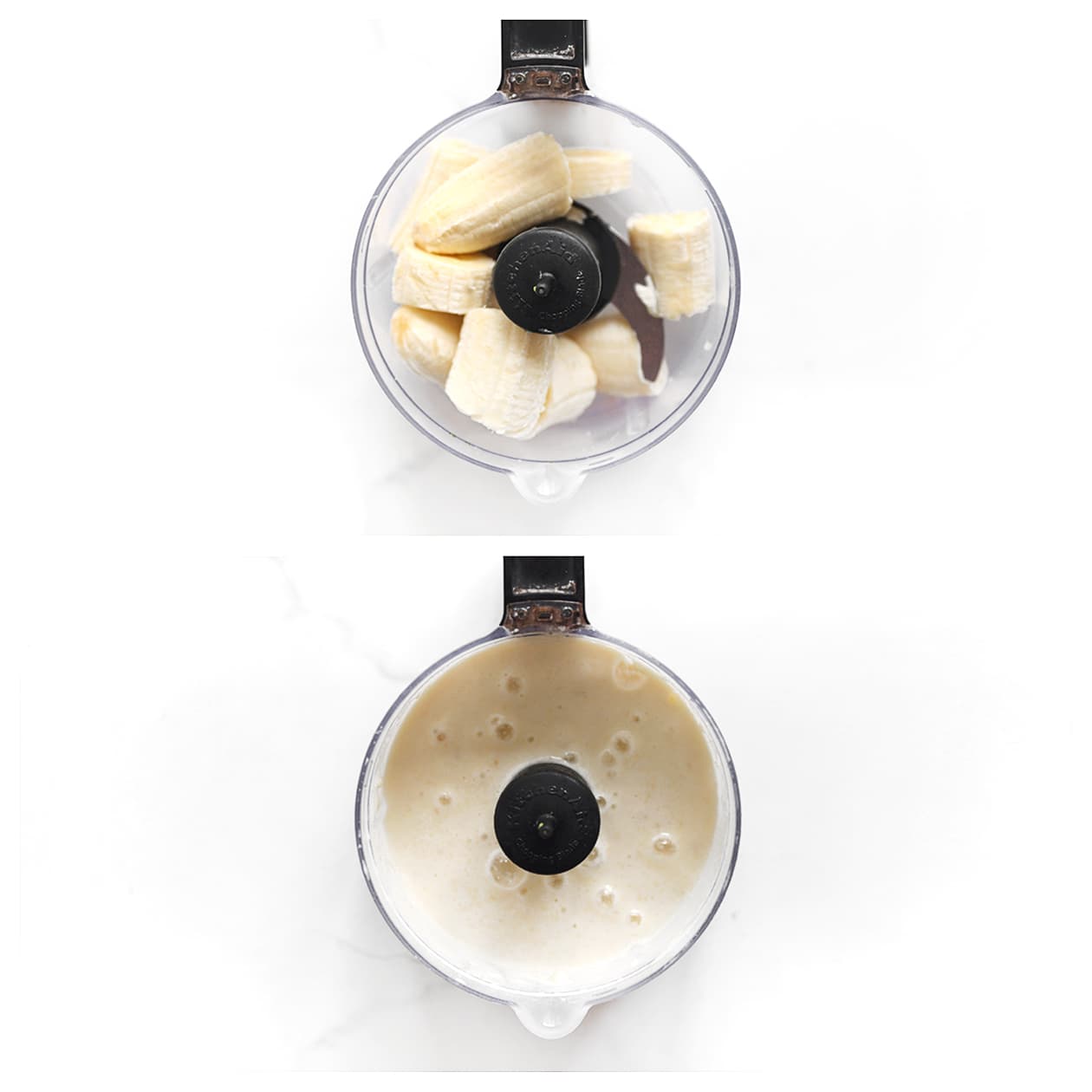 Bananen mixen in een hakmolen voor het bananenbrood