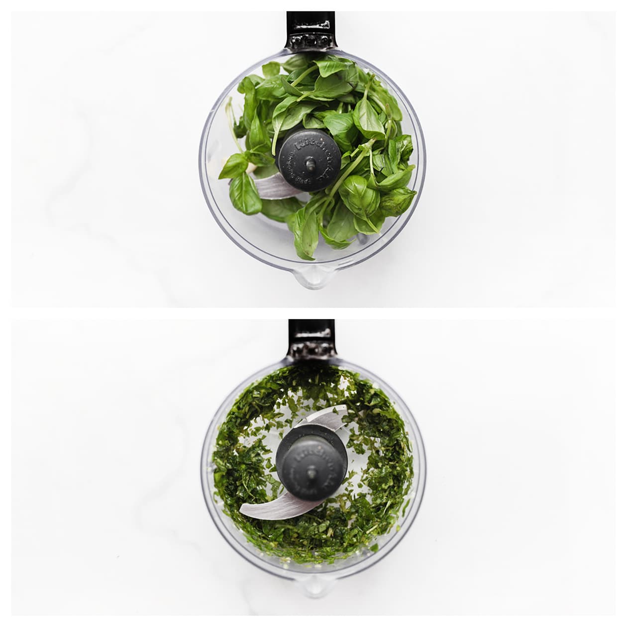 Basilicum fijnmalen in een hakmolen