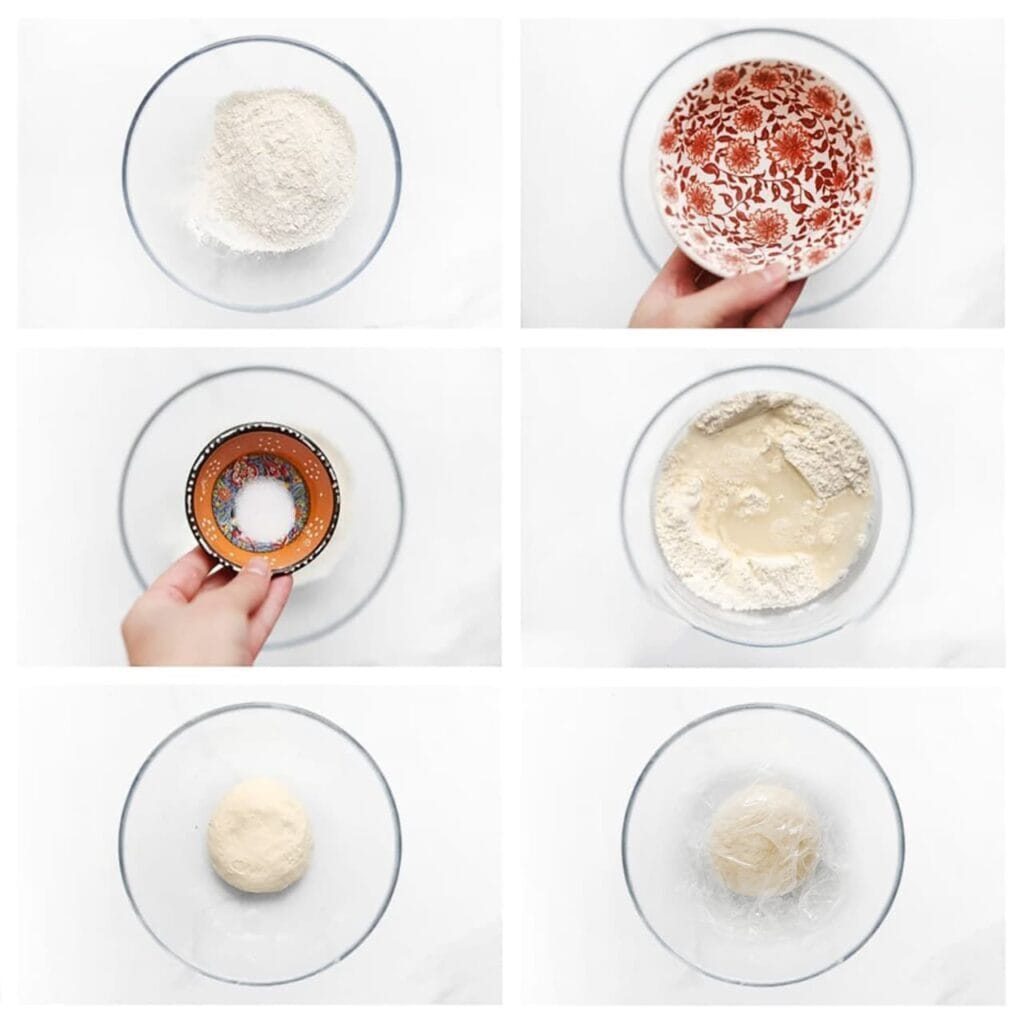 Doe de bloem, het zout en water in een kom. Kneed 8-10 minuten. In het begin voelt het deeg een beetje stug aan, maar dat hoort zo. Blijf kneden totdat het deeg glad en soepel wordt.