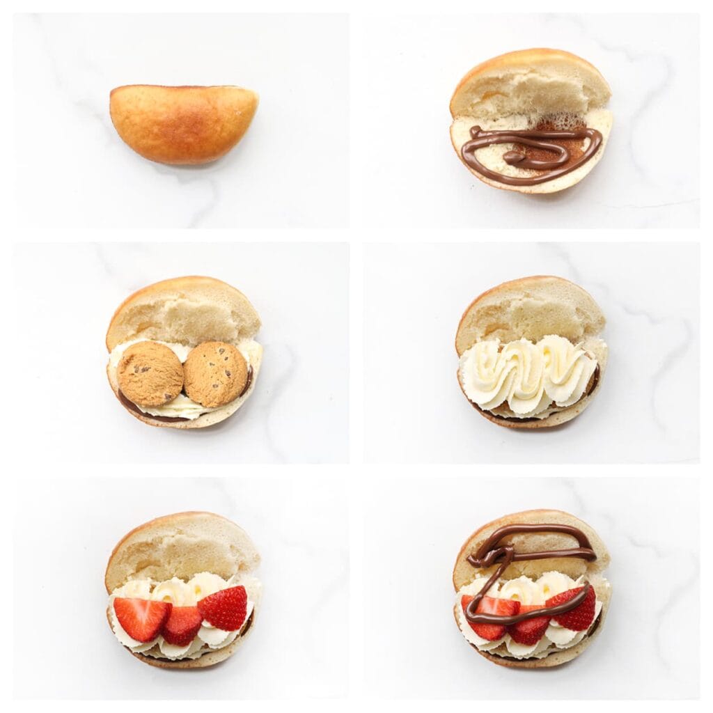 Snijd de broodjes open. Spuit er een laagje hazelnootpasta en room op. Verdeel er mini chocolate chip cookies over en spuit nog een toefje room. Voeg stukjes aardbei toe en maak af met nog wat hazelnootpasta. Leg de bovenkant erop.