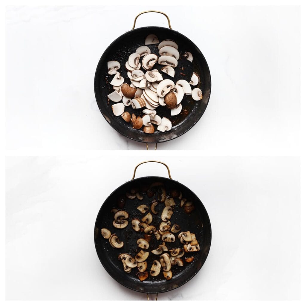 Maak de champignons schoon en snijd ze in plakjes. Verhit een klontje roomboter in een pan en bak de champignons op middelhoog vuur tot ze goudbruin zijn. Zet apart.