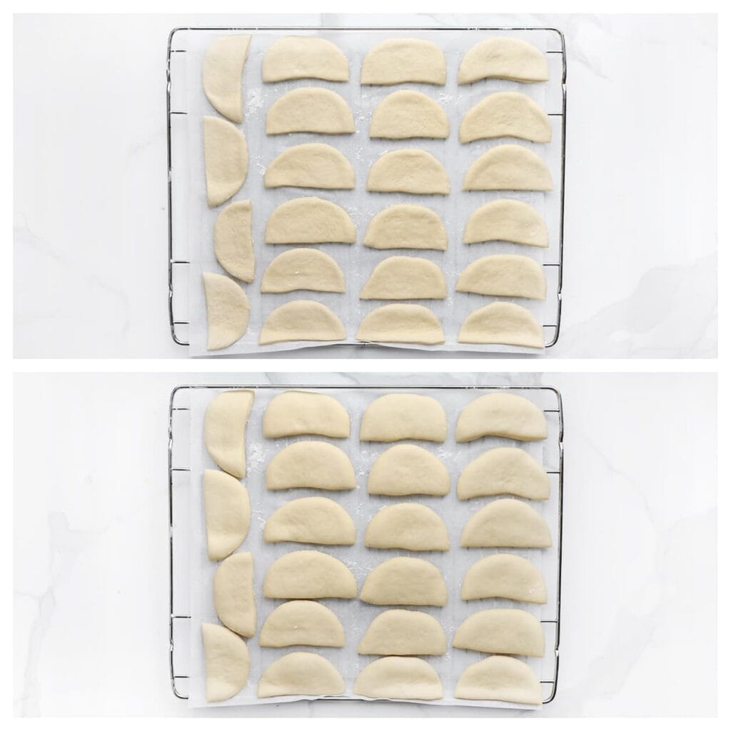 Leg de deegstukken op een met bakpapier beklede bakplaat en laat ze nog 30 minuten rijzen, of tot ze in omvang zijn verdubbeld.