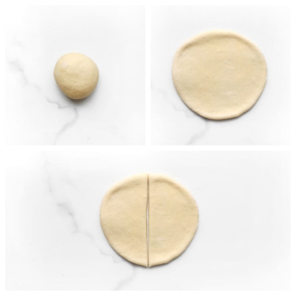 Rol elke bol uit tot een cirkel en snijd deze doormidden met een pizzasnijder.