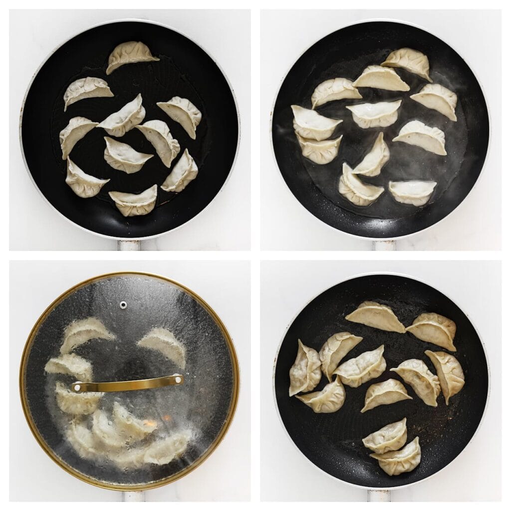 Verhit een beetje olie in een pan. Leg de dumplings met de platte kant naar beneden in de pan en bak ze tot de onderkant goudbruin en krokant is. Voeg een scheutje water toe (ongeveer 50 ml) en doe direct een deksel op de pan. Laat de dumplings 6-8 minuten stomen, tot ze volledig gaar zijn. 