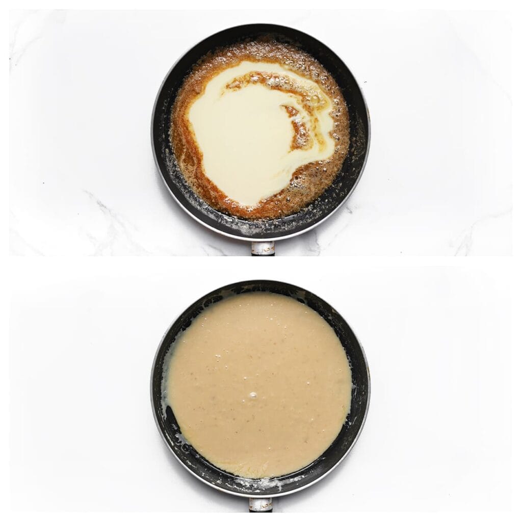 Voeg de gecondenseerde melk toe en roer goed. Laat het mengsel 8-10 minuten zachtjes koken terwijl je blijft roeren. Het mengsel zal indikken en een karamelkleur krijgen (blijf hier bij staan).