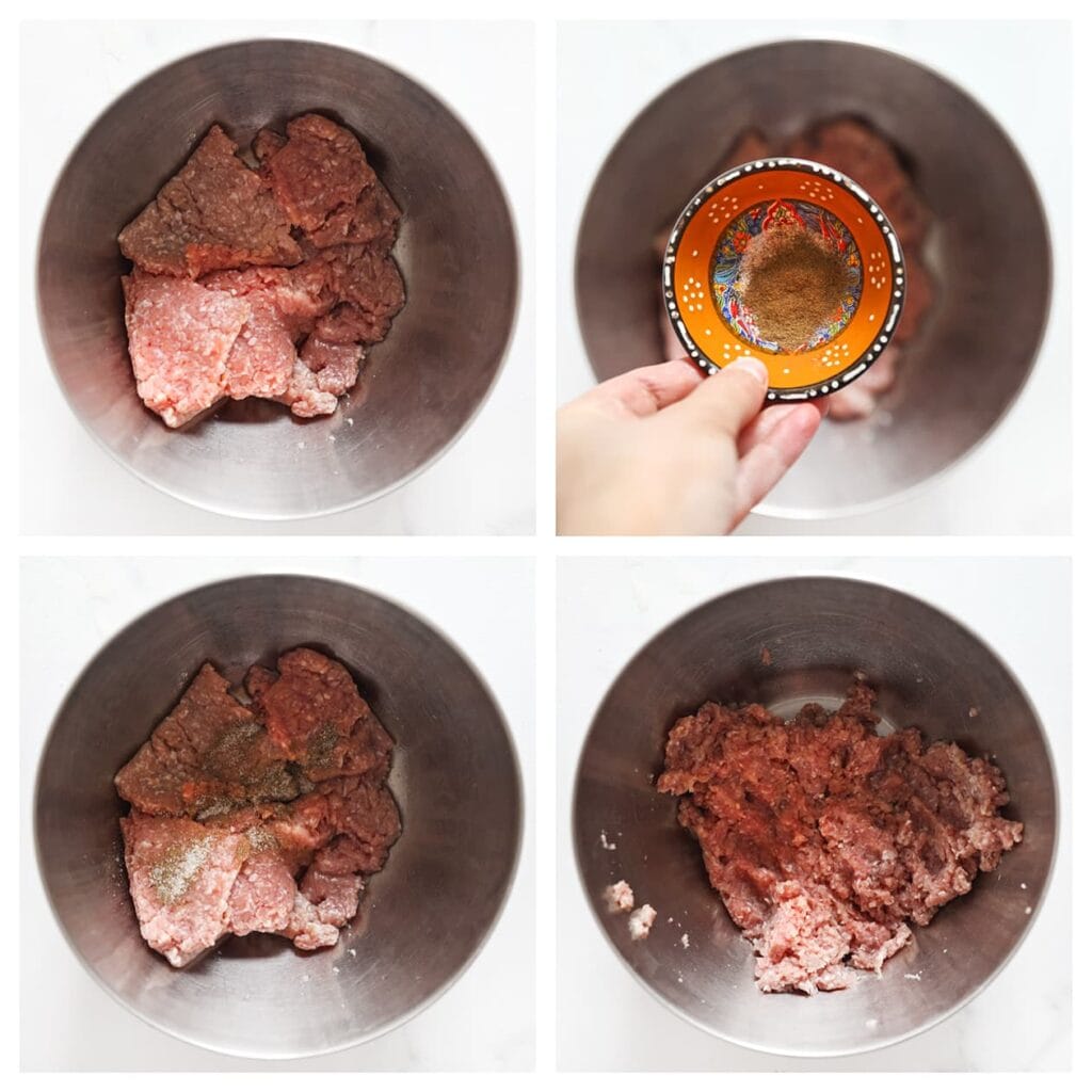 Doe het gehakt, zout en de zwarte peper in een kom en meng goed.