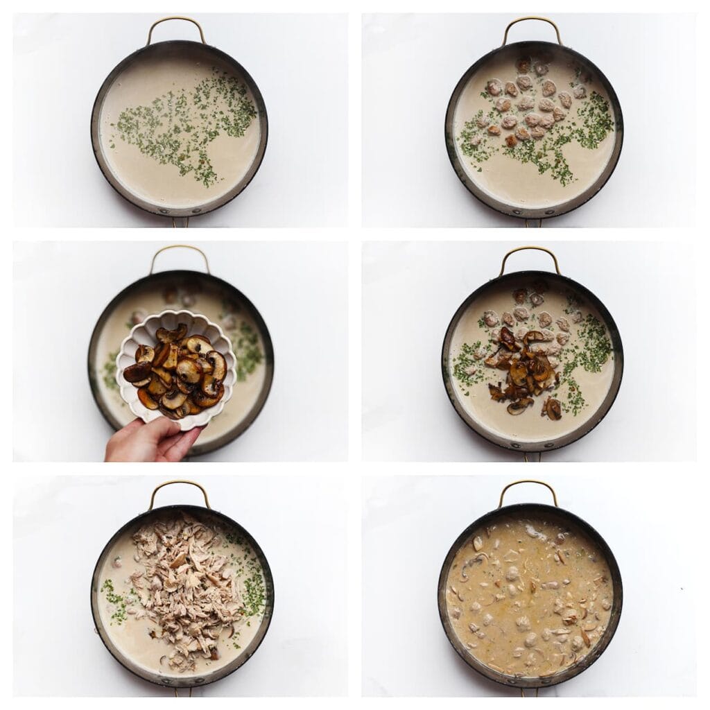 Voeg de gedroogde peterselie, gehaktballen, champignons en de geplukte kip toe aan de saus. Roer goed. Laat het geheel nog enkele minuten zachtjes pruttelen zodat de smaken samenkomen.