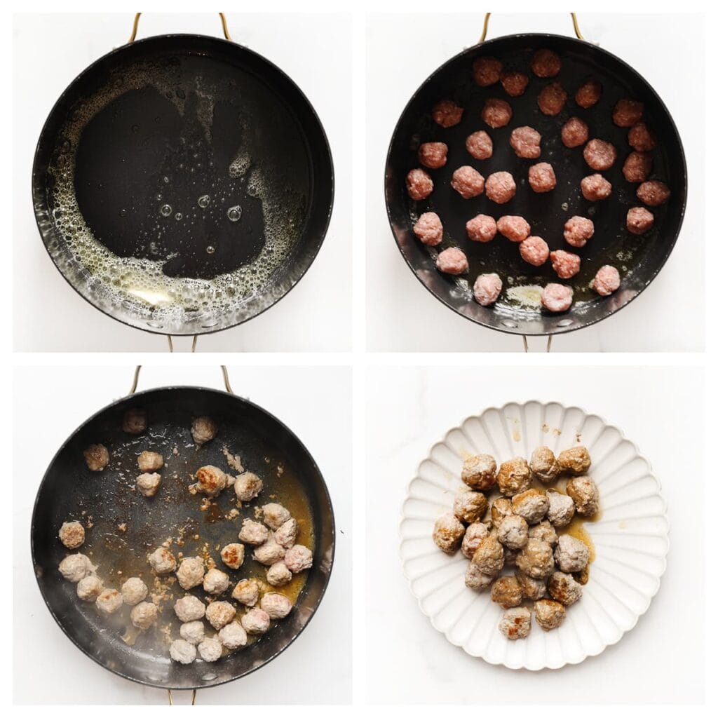 Verhit een klontje roomboter in een pan en bak de gehaktballetjes rondom goudbruin en gaar. Zet apart.