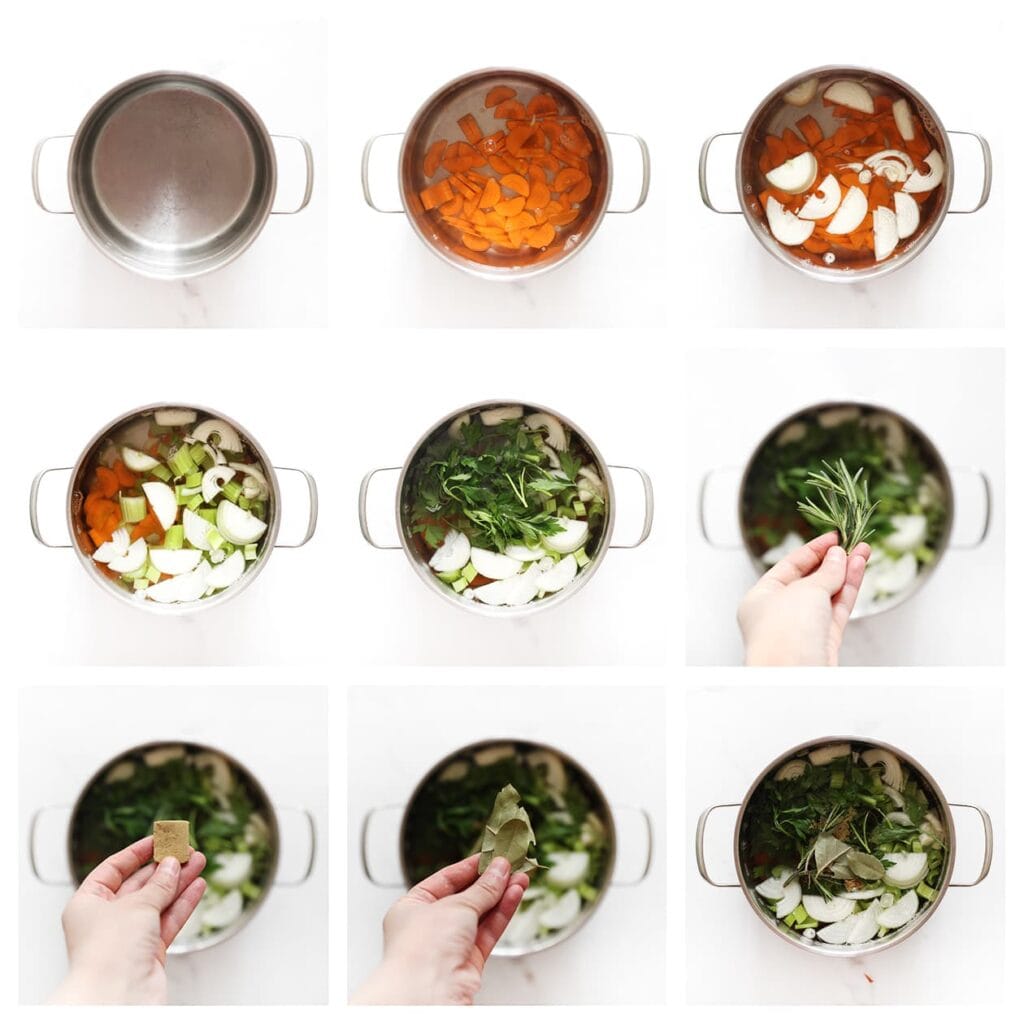 Giet het gekookte water in een grote pan. Voeg de selderij, wortel en ui toe. Voeg daarna de verse peterselie, het takje tijm, het runderbouillonblokje en de laurierblaadjes toe. Breng aan de kook.