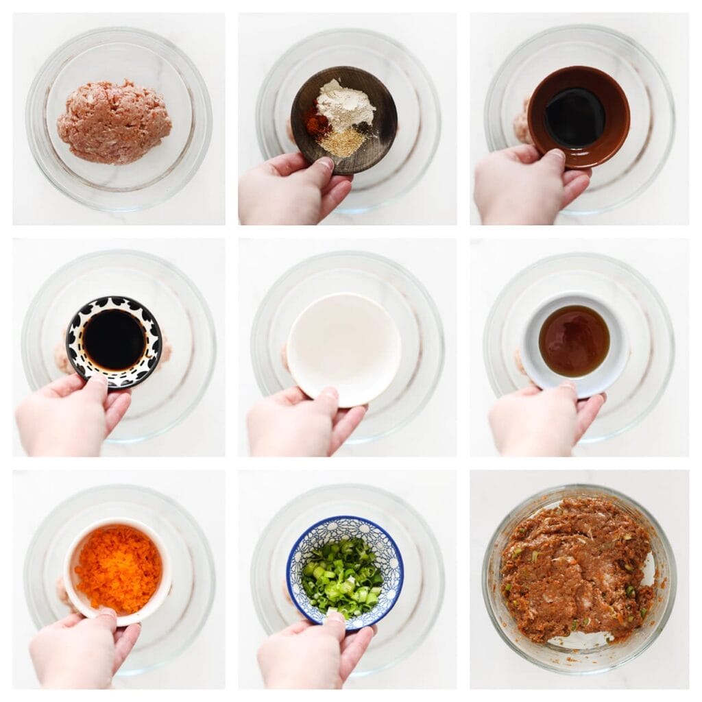 Doe het kipgehakt in een kom en voeg de gemberpoeder, cayennepeper, knoflookpoeder, uienpoeder, sojasaus, azijn, oestersaus, ketjap manis, wortel en lente-ui toe. Meng goed.