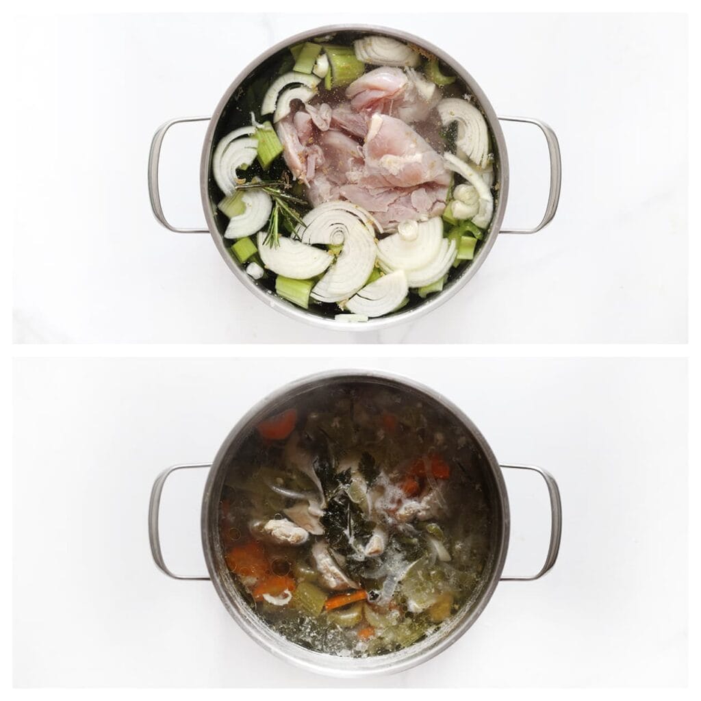 Voeg de kippendijen toe en zet het vuur laag. Laat, afgedekt, 45-60 minuten koken.