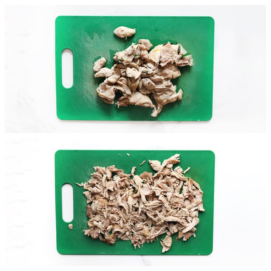 Haal de kip uit de bouillon en laat iets afkoelen. Pluk het vlees in stukjes.