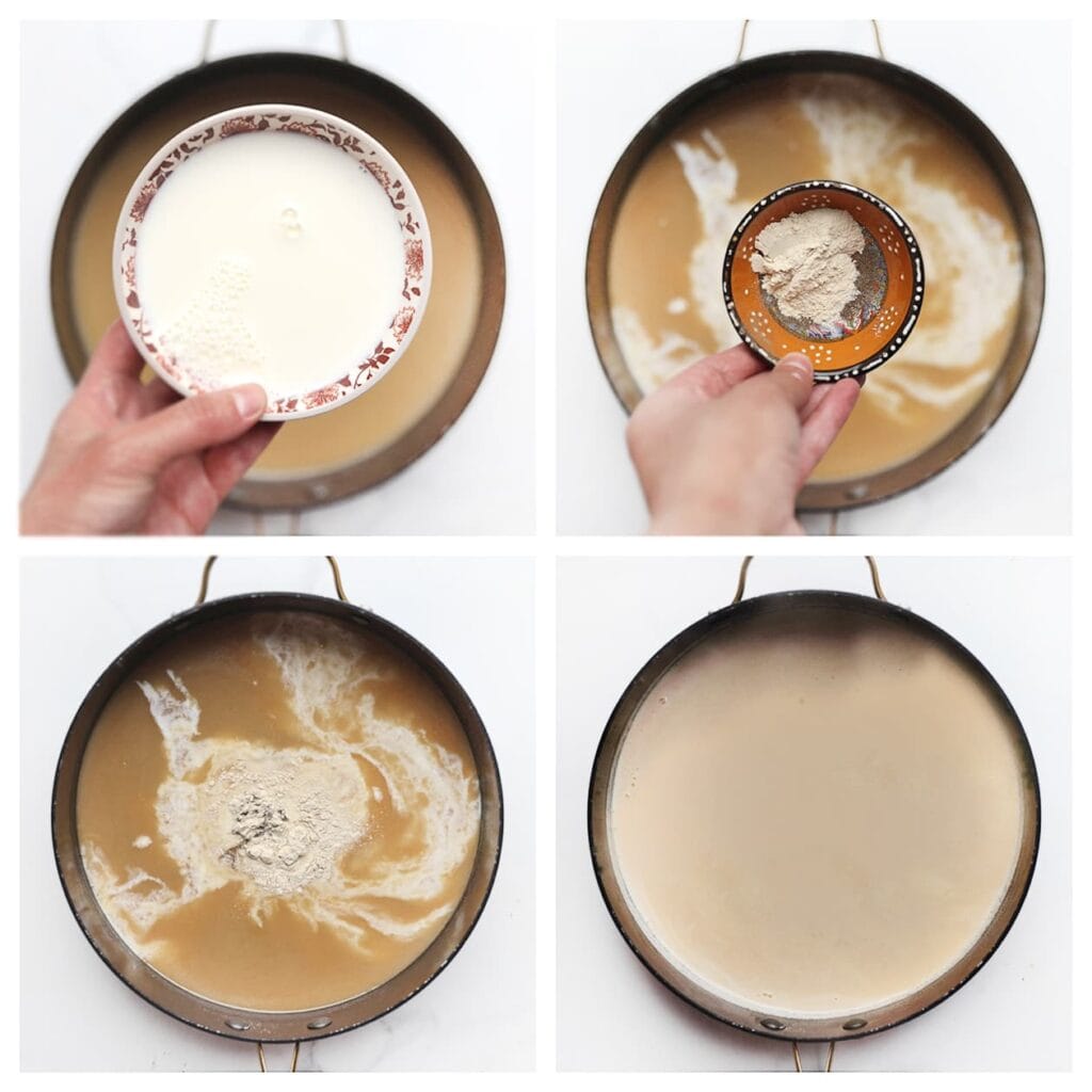 Schenk daarna de melk erbij en breng op smaak met zout, nootmuskaat, zwarte peper en uienpoeder. Roer tot er een gladde, gebonden saus ontstaat.