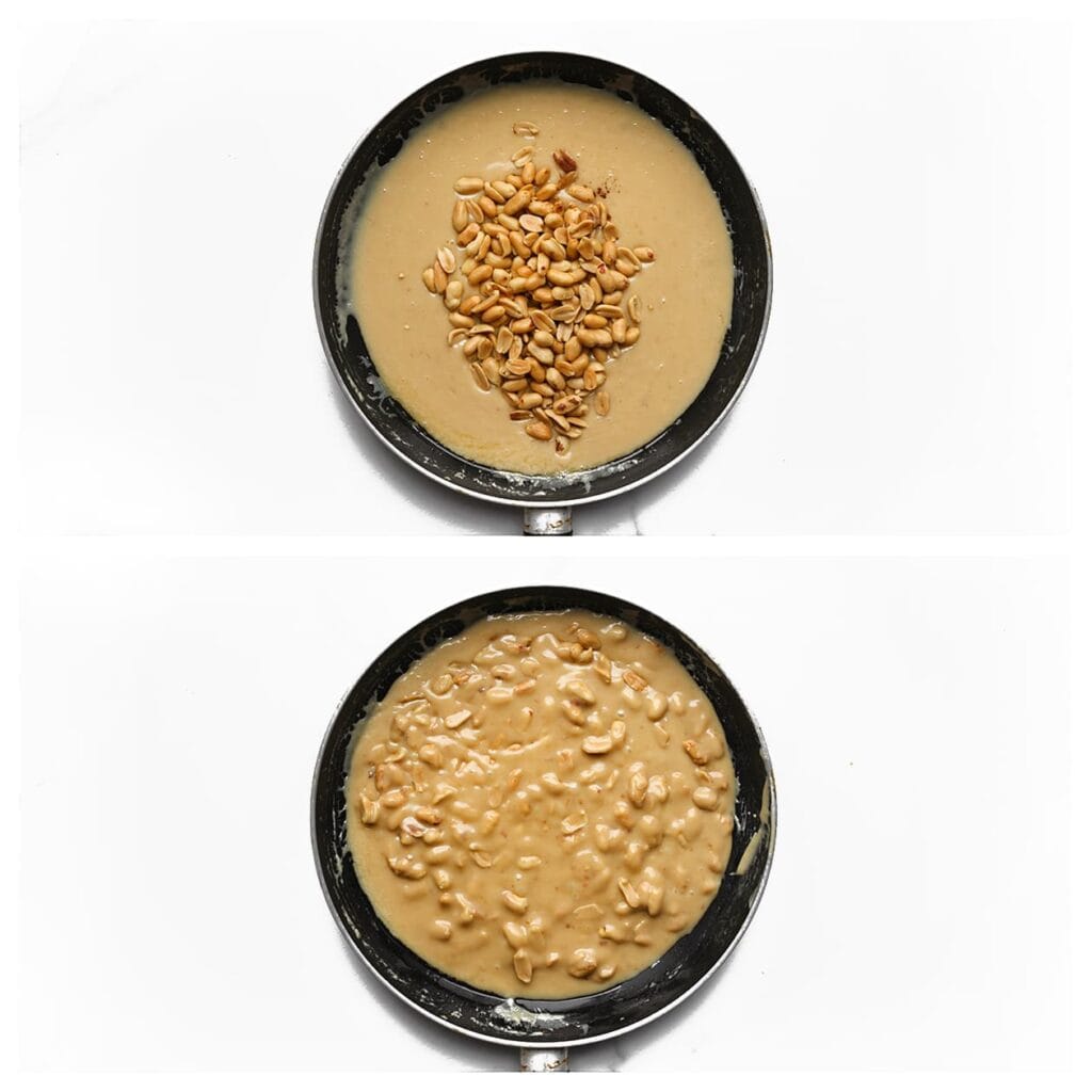 Haal de pan van het vuur en roer direct de pinda&rsquo;s erdoor.