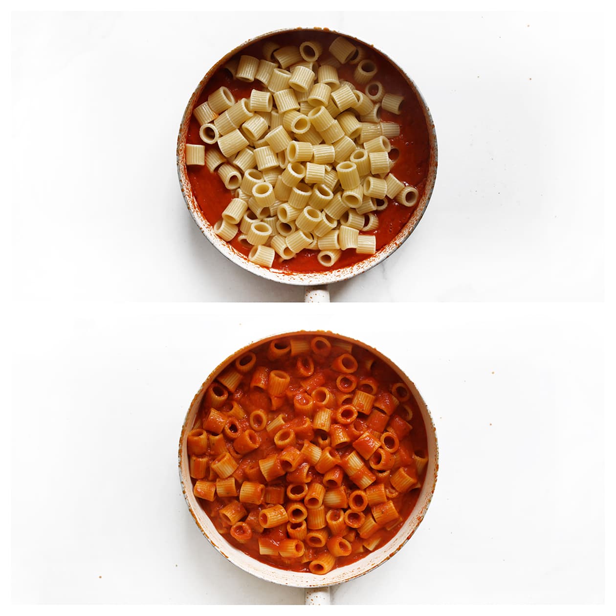 Rigatoni toevoegen aan de tomatensaus