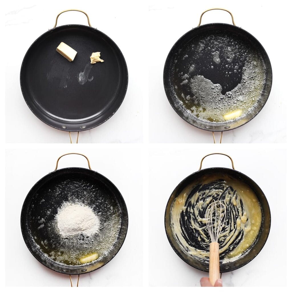 Smelt de roomboter in een pan op middelhoog vuur. Voeg de bloem toe en roer dit goed door zodat er een roux ontstaat. Laat dit mengsel kort garen terwijl je blijft roeren.