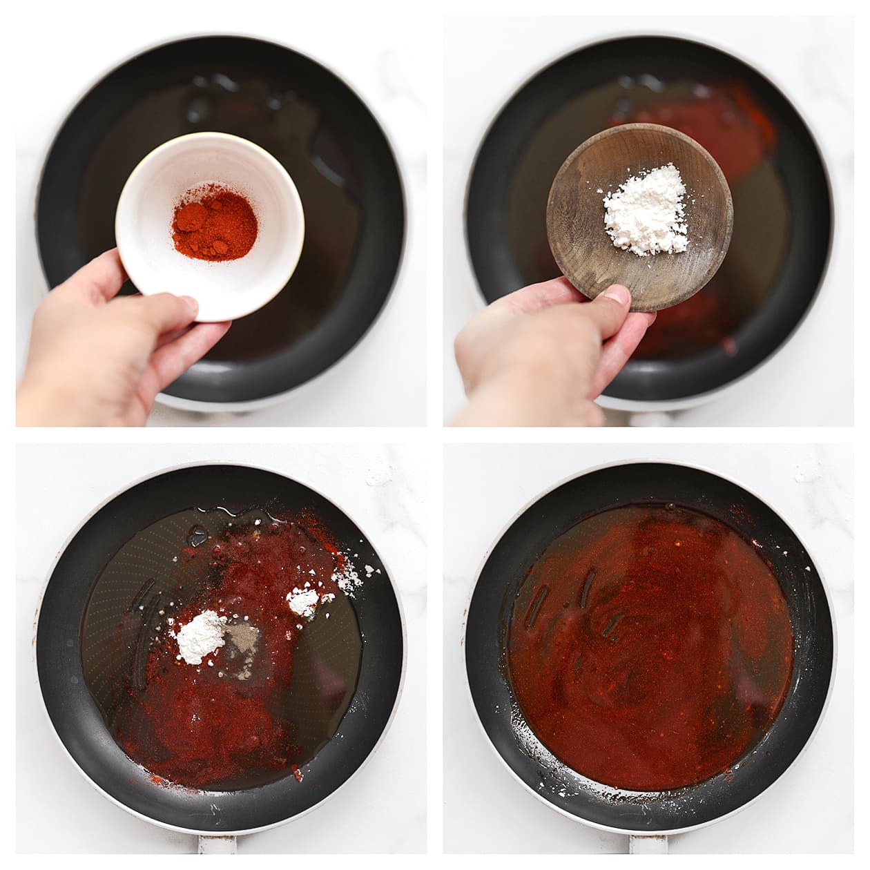 Saus mengen in een koekenpan