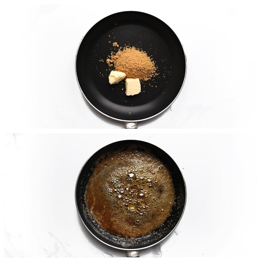 Doe de roomboter, bruine basterdsuiker en vanillesuiker in een pan op middelhoog vuur. Laat al roerend smelten tot de suiker volledig is opgelost.