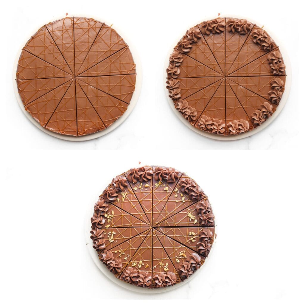 Snijd de pinda-karamel brownie in puntjes. Garneer eventueel met toefjes room en extra gehakte pinda&rsquo;s.