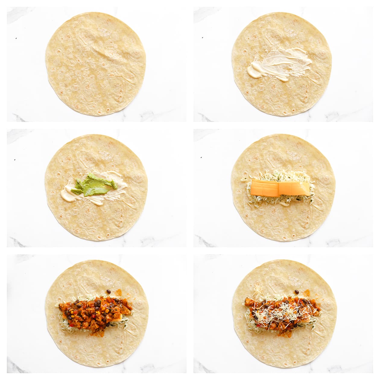 Tortilla vullen met het kipmengsel voor de burrito