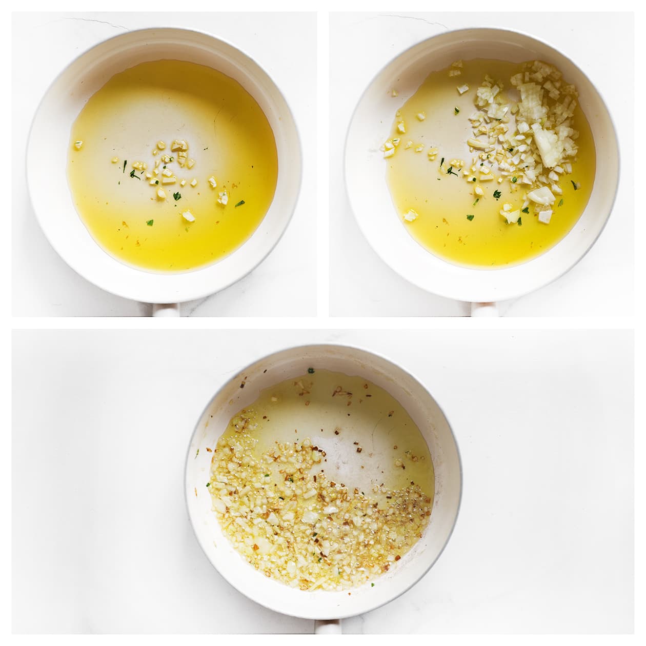 Ui en knoflook bakken in een pan met olie