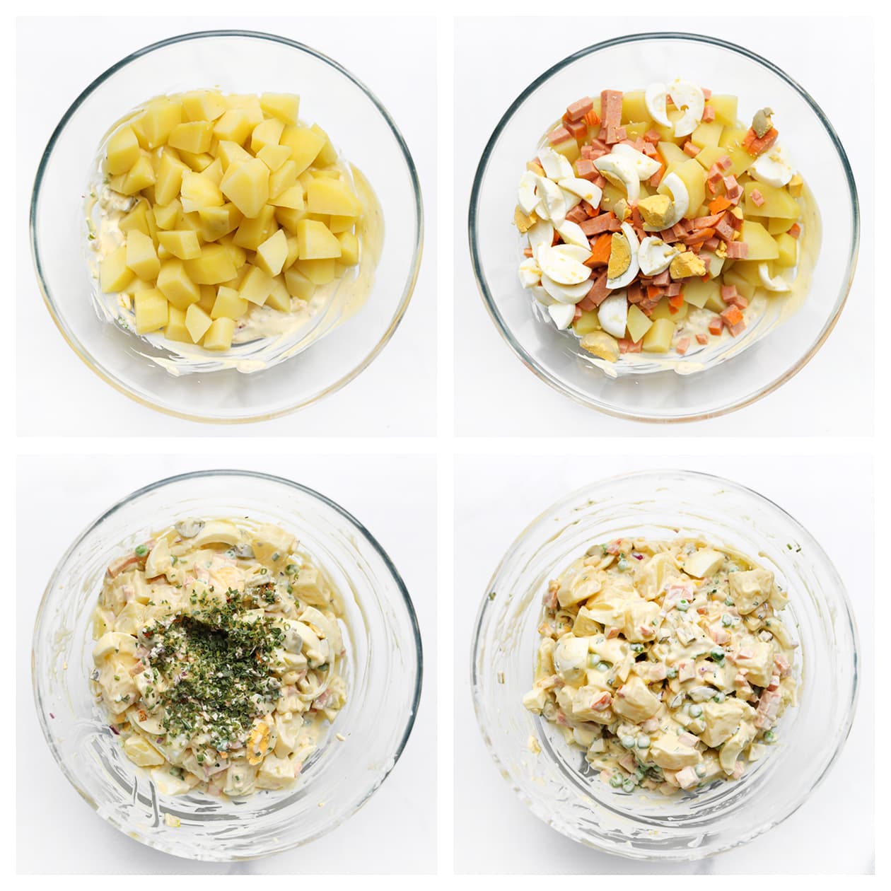 Aardappels, ei en kipgrillworst mengen door de saus voor de huzarensalade
