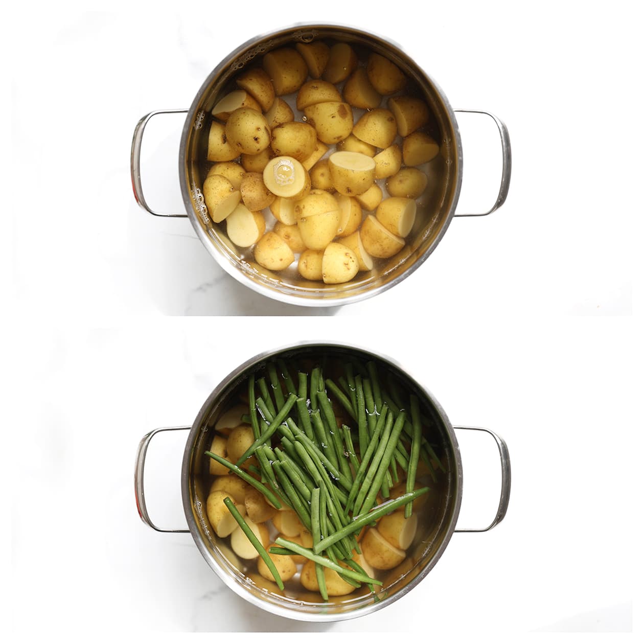 Aardappels koken met sperziebonen in een pan met water