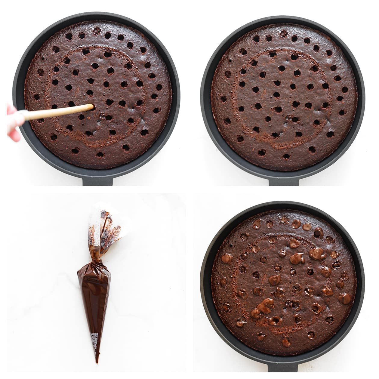 Cake gaatjes poken en vullen met chocolade ganache
