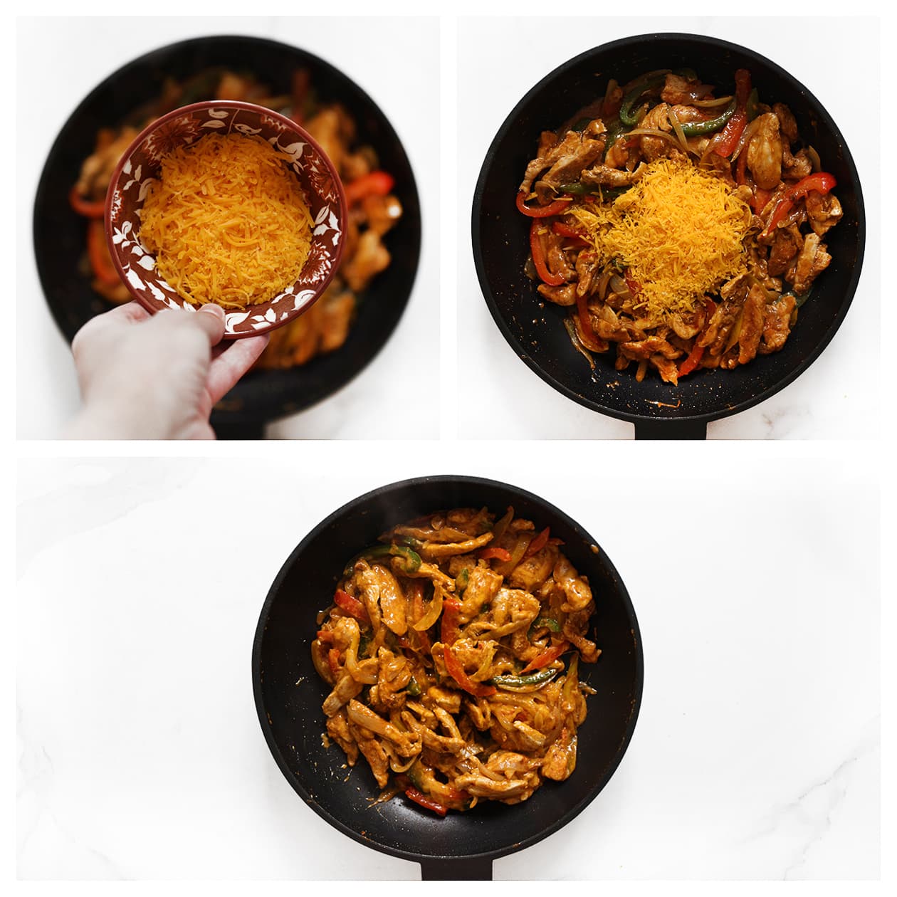 Cheddar kaas toevoegen aan het kip-fajita-mengsel