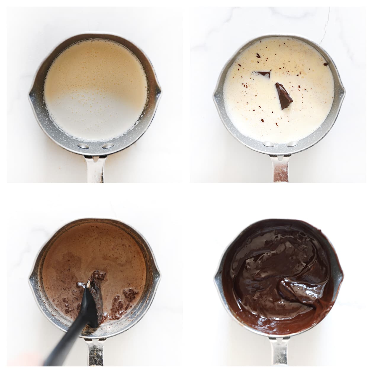 Chocolade ganache mengen in een steelpan