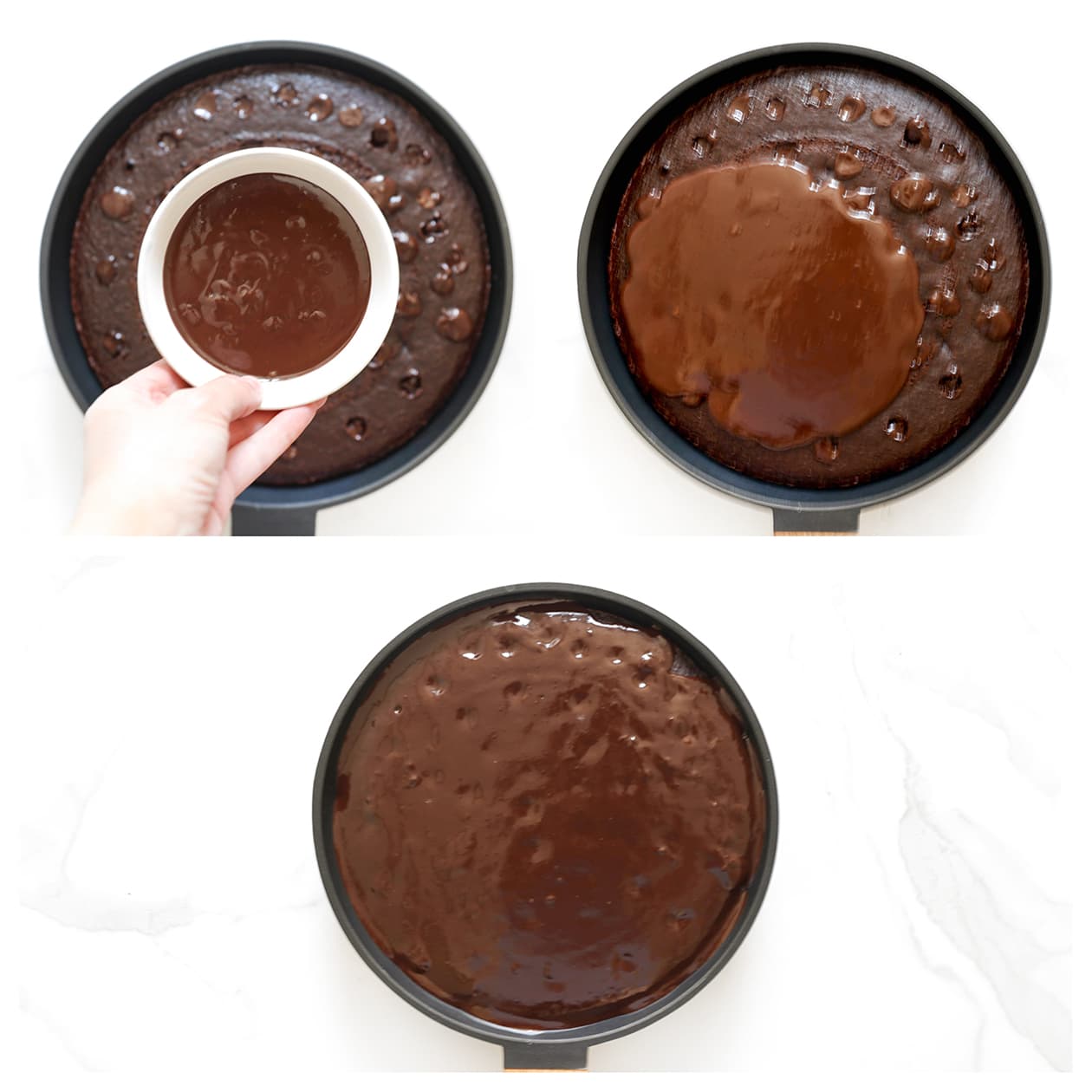 Chocolade gieten over de chocoladecake