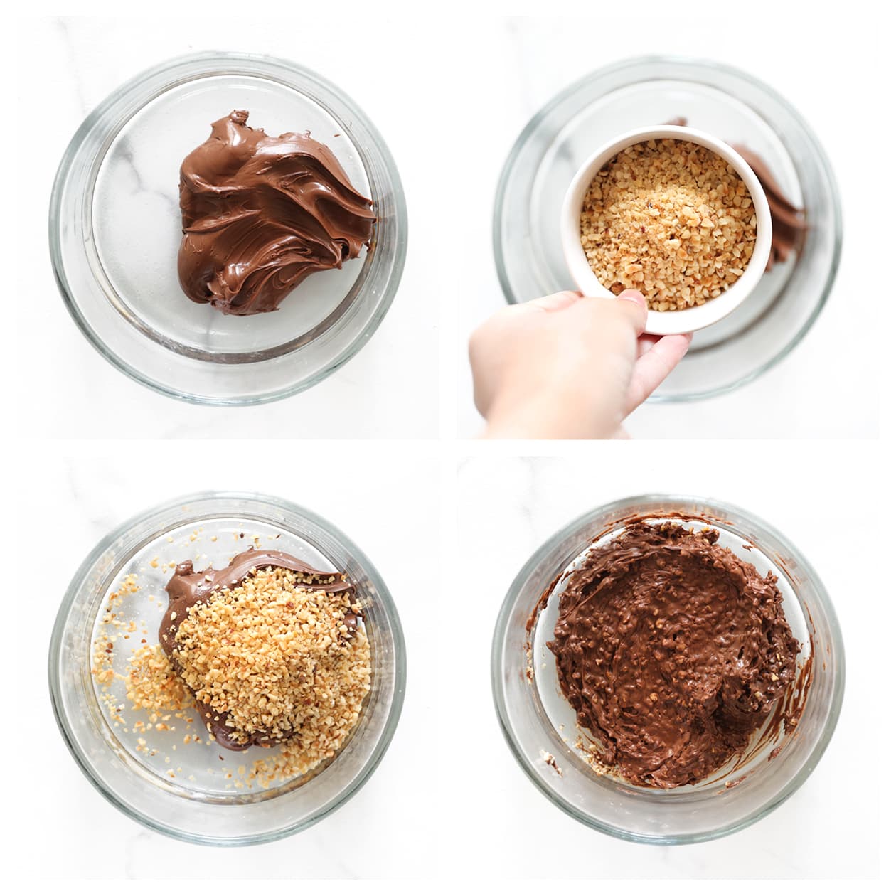 Chocolade mengen met gehakte hazelnoten tot een geheel
