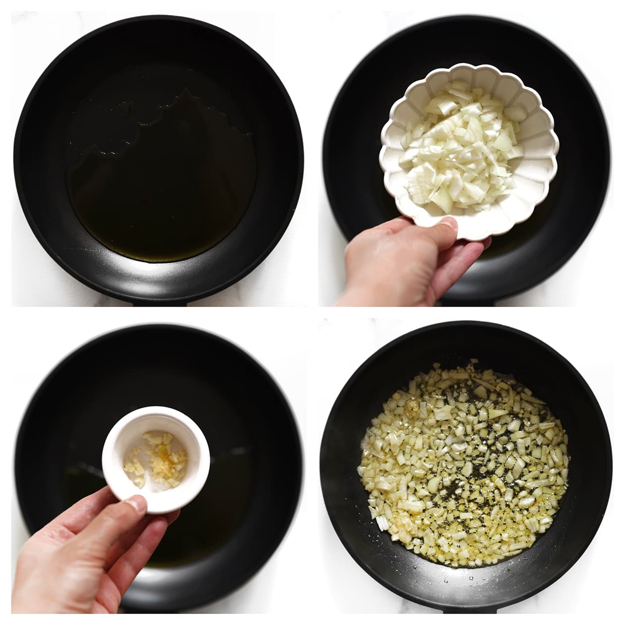 Gele ui en knoflook bakken in een koekenpan met olie
