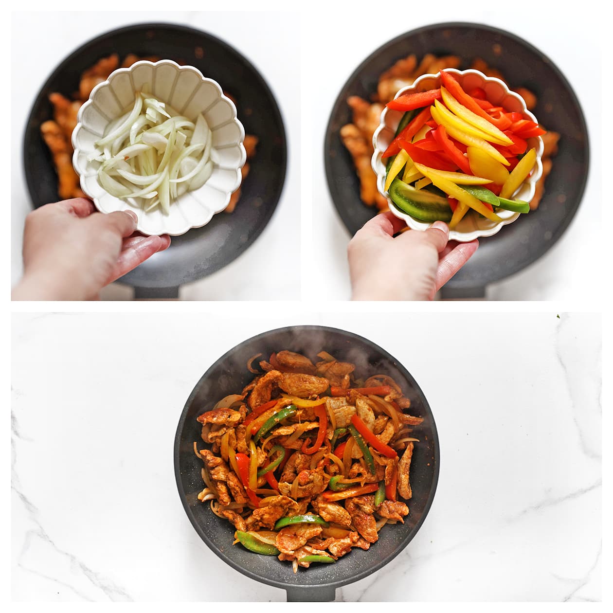 Groenten meebakken met de kip fajita