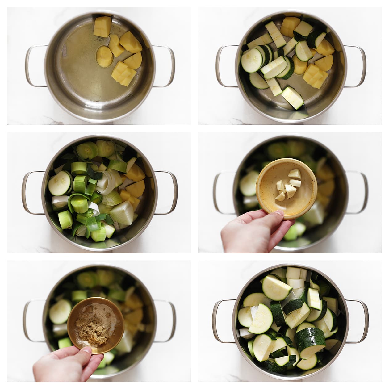 Groenten toevoegen in de pan voor de courgette soep
