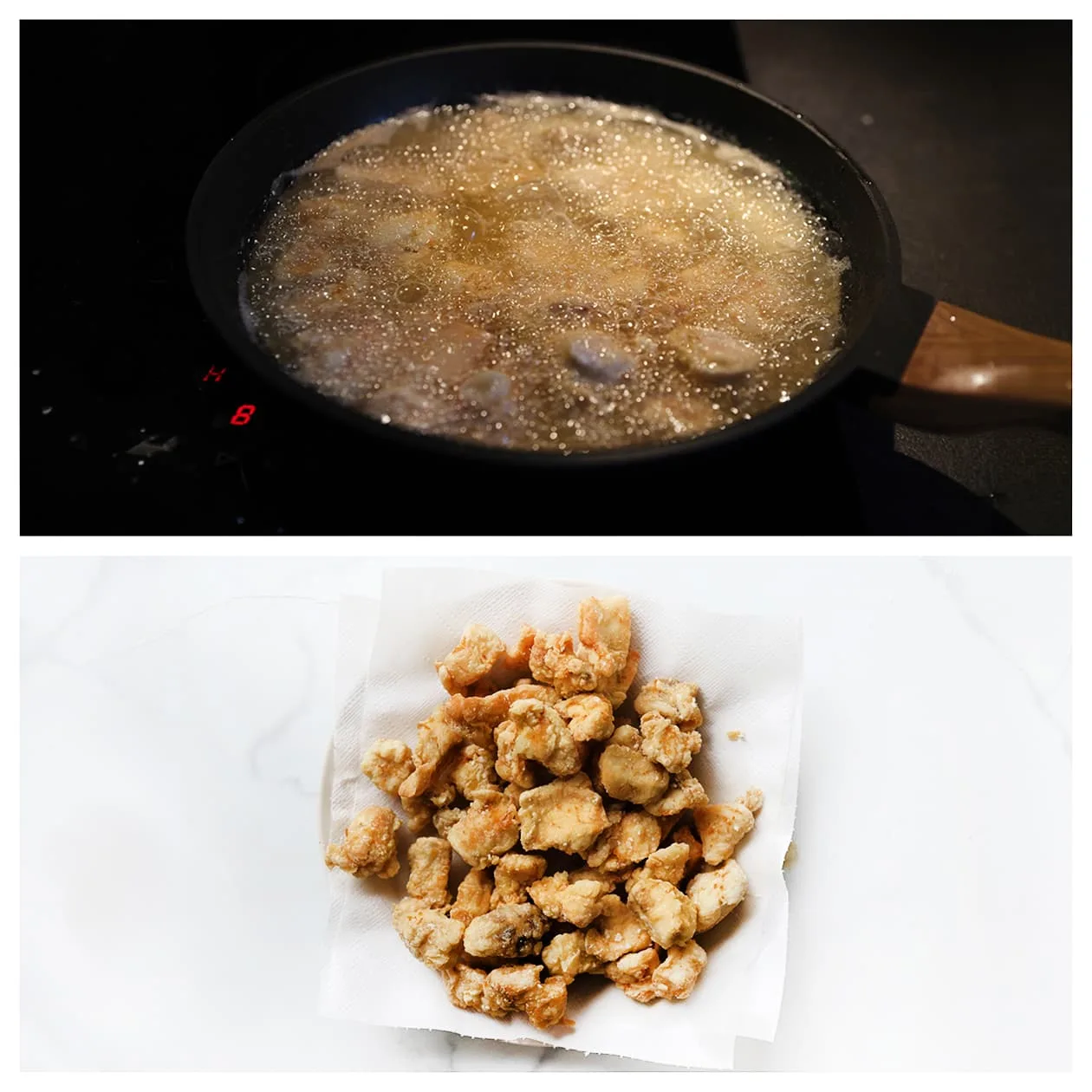 Kip krokant bakken in olie en uit laten lekken op keukenpapier