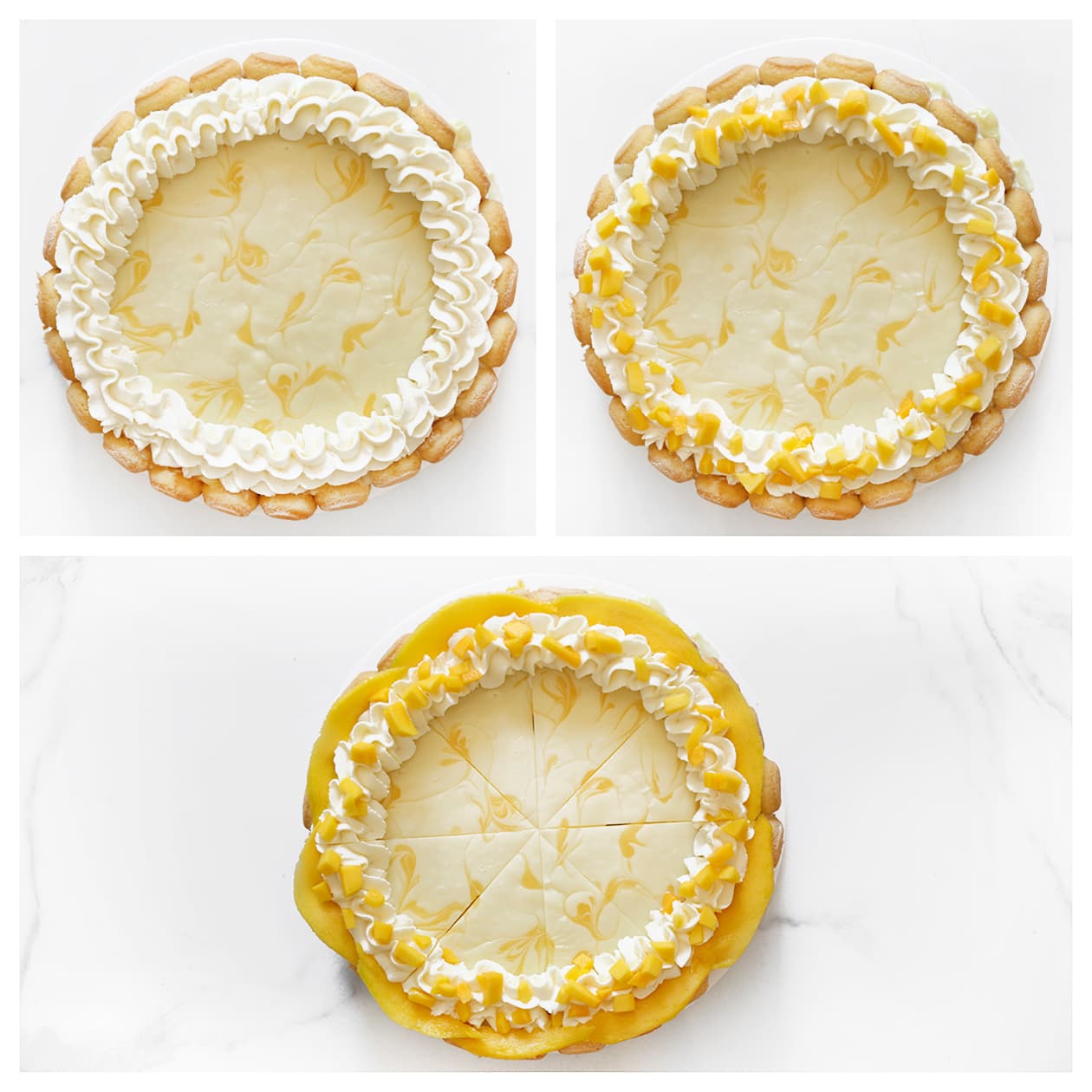 Mangotaart garneren met room en stukjes mango en in stukken snijden