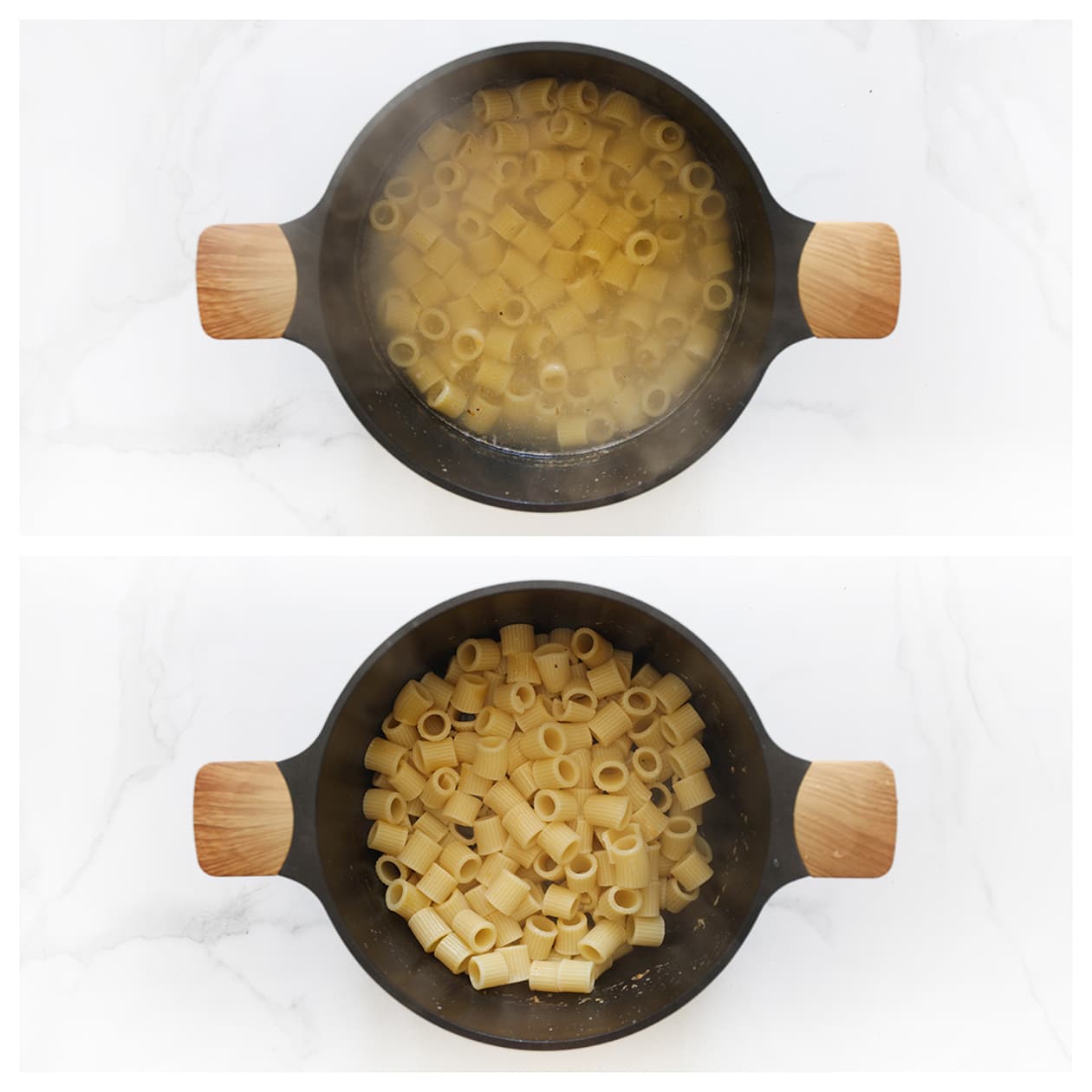 Rigatoni pasta gaar koken in een pan met water