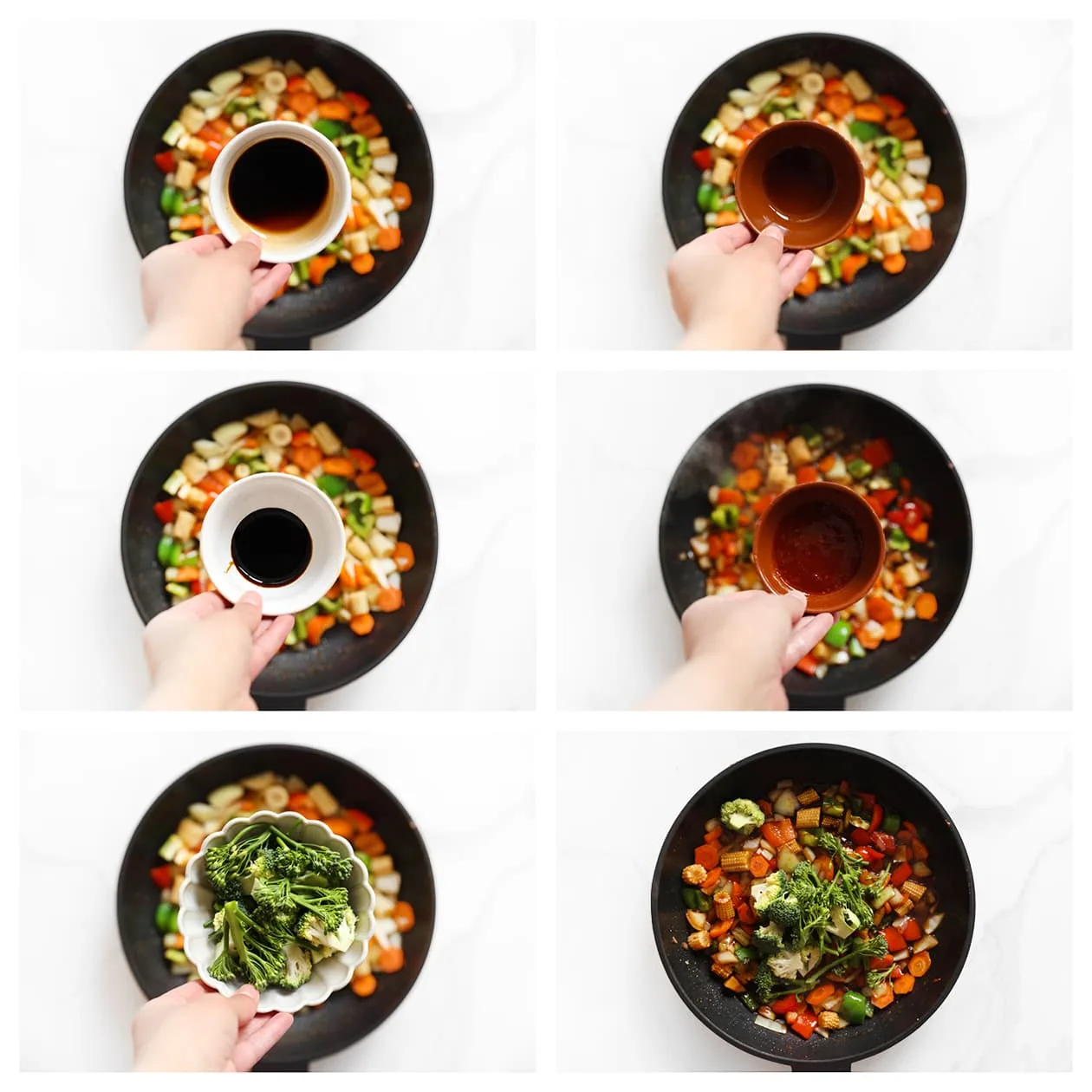 Saus en bimi toevoegen aan de wok