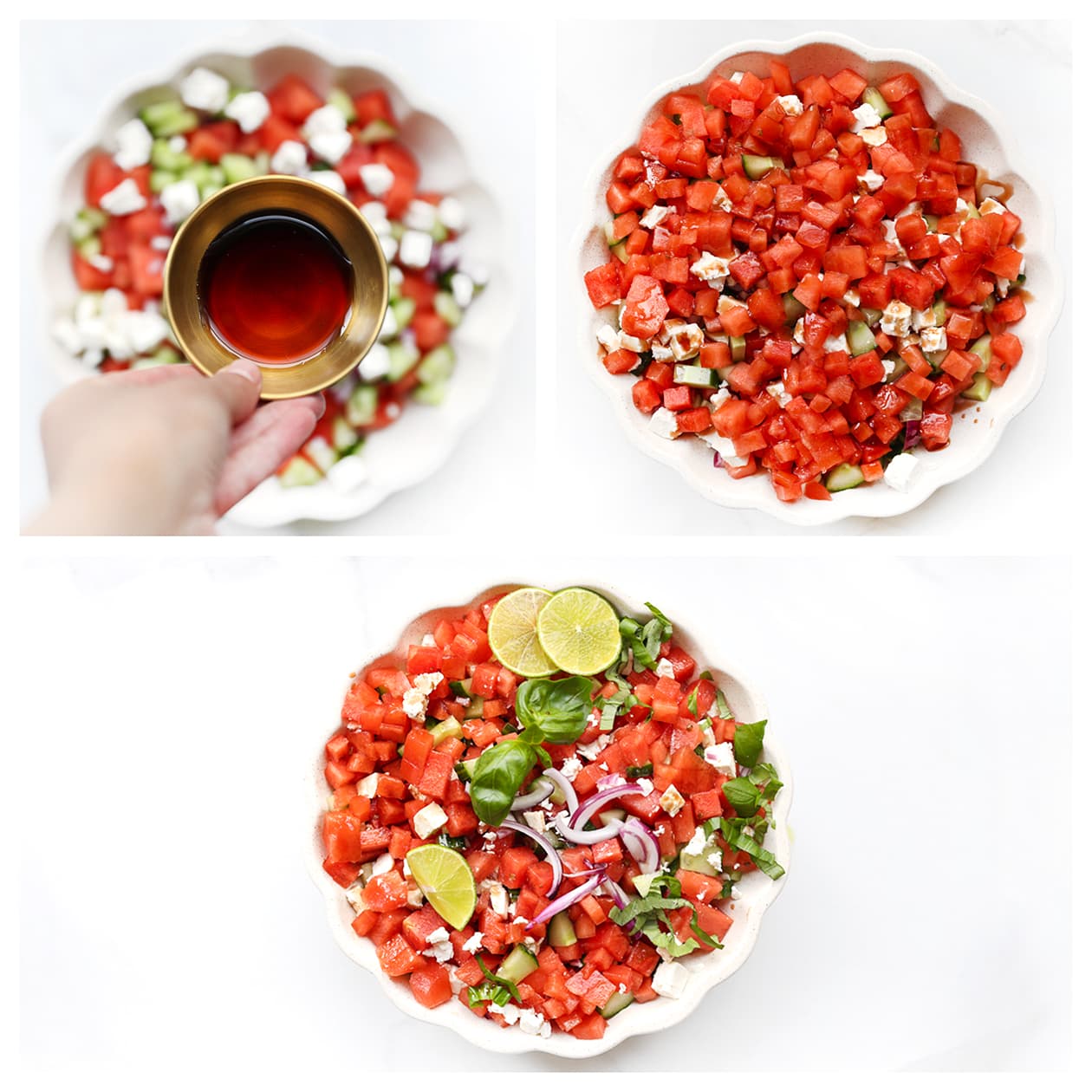 Siroop over de watermeloen salade heen gieten en garneren