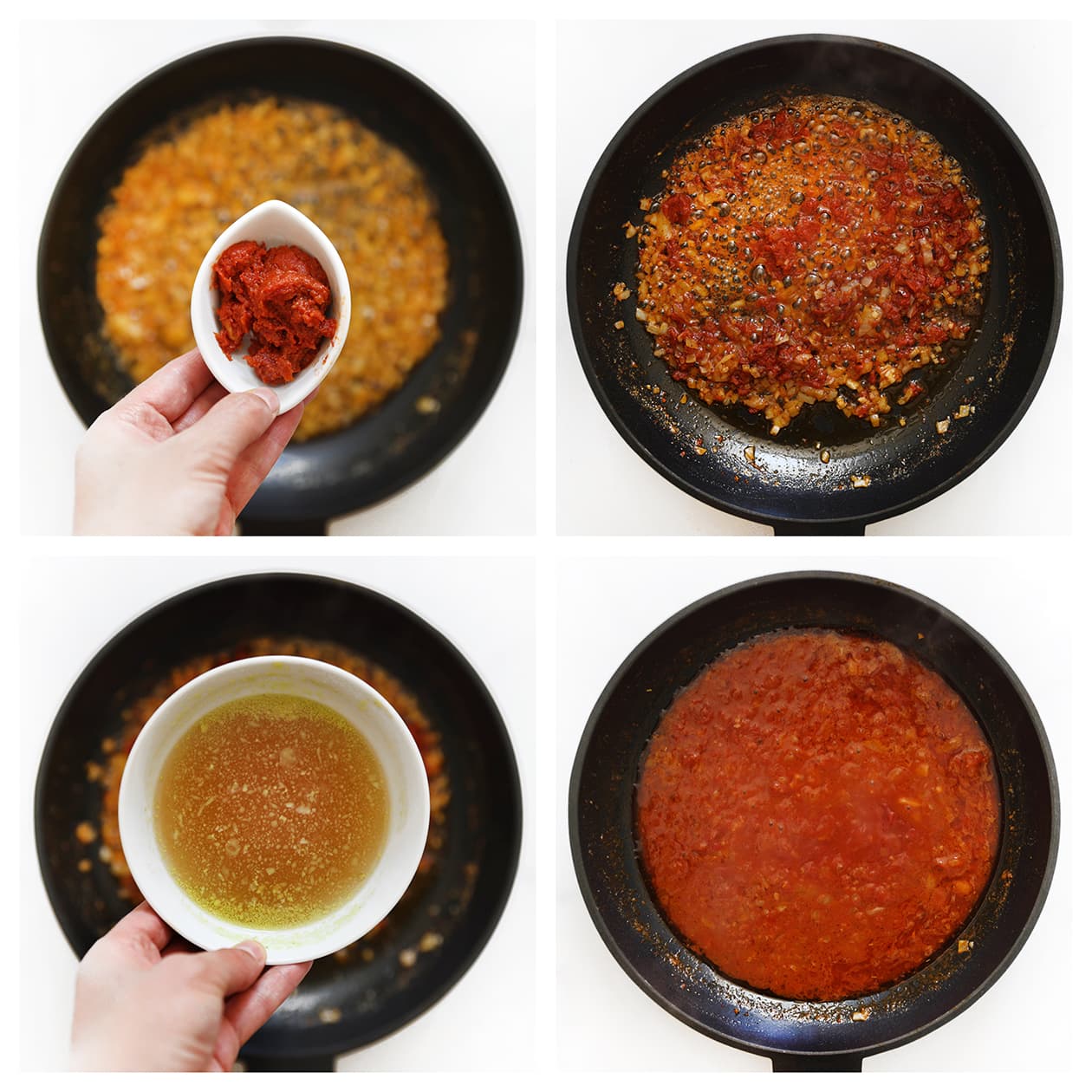 Tomatenpasta en bouillon toevoegen