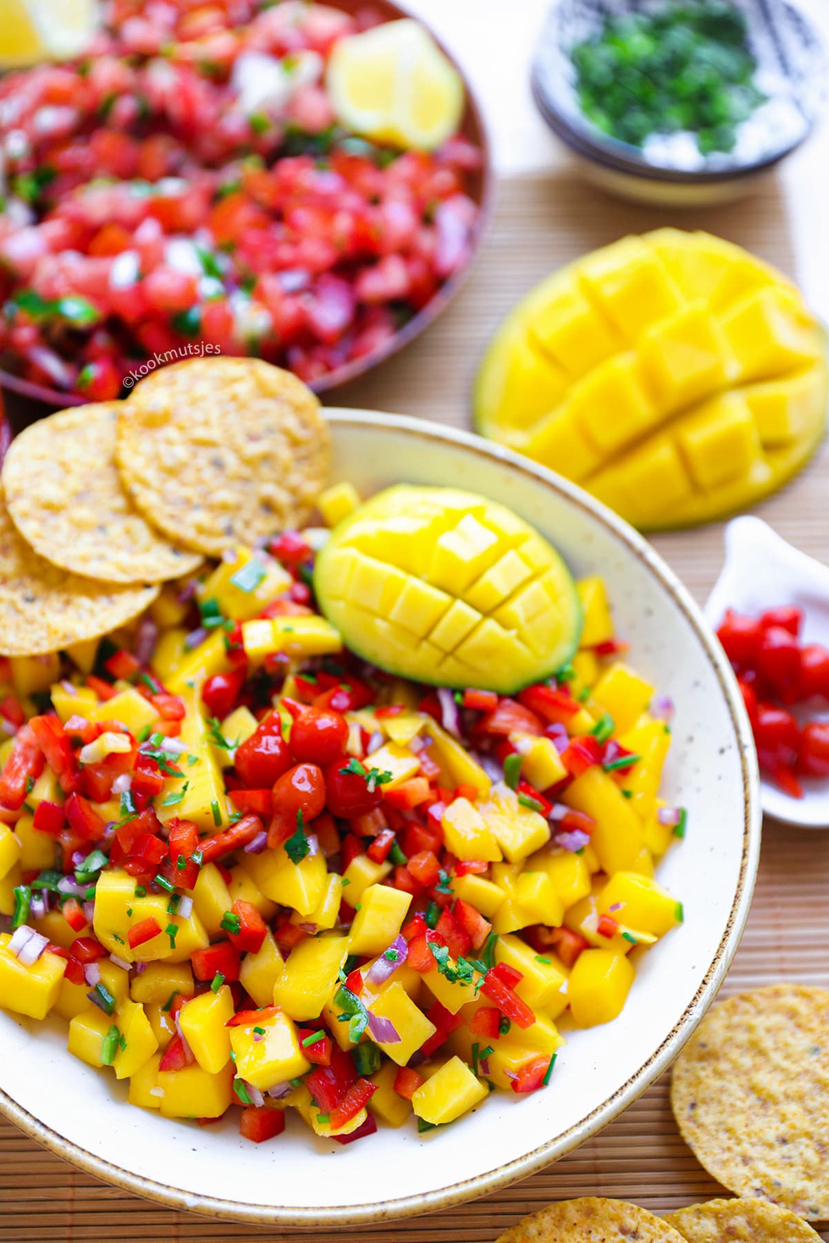 Zelfgemaakte mango salsa met verse mango, jalapeño, rode ui en limoen als topping voor taco's