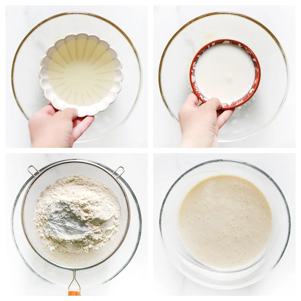 Zonnebloemolie, melk en bloem mixen om het wafelbeslag te maken