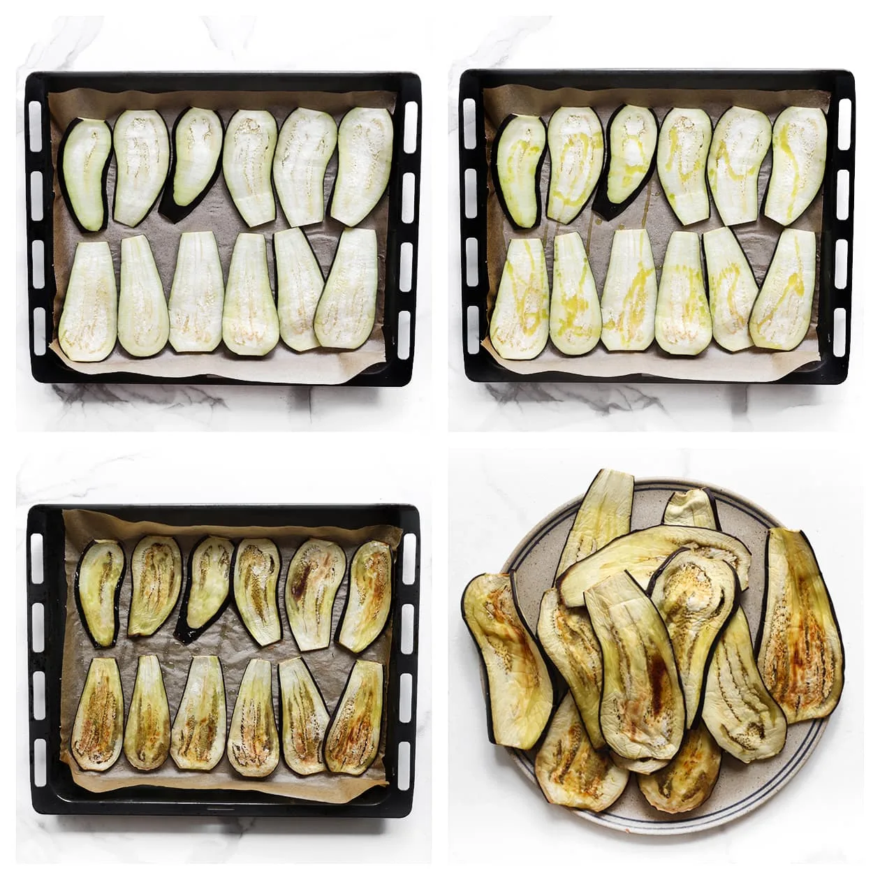 Aubergine plakken op bakplaat in de oven licht goudbruin geroosterd