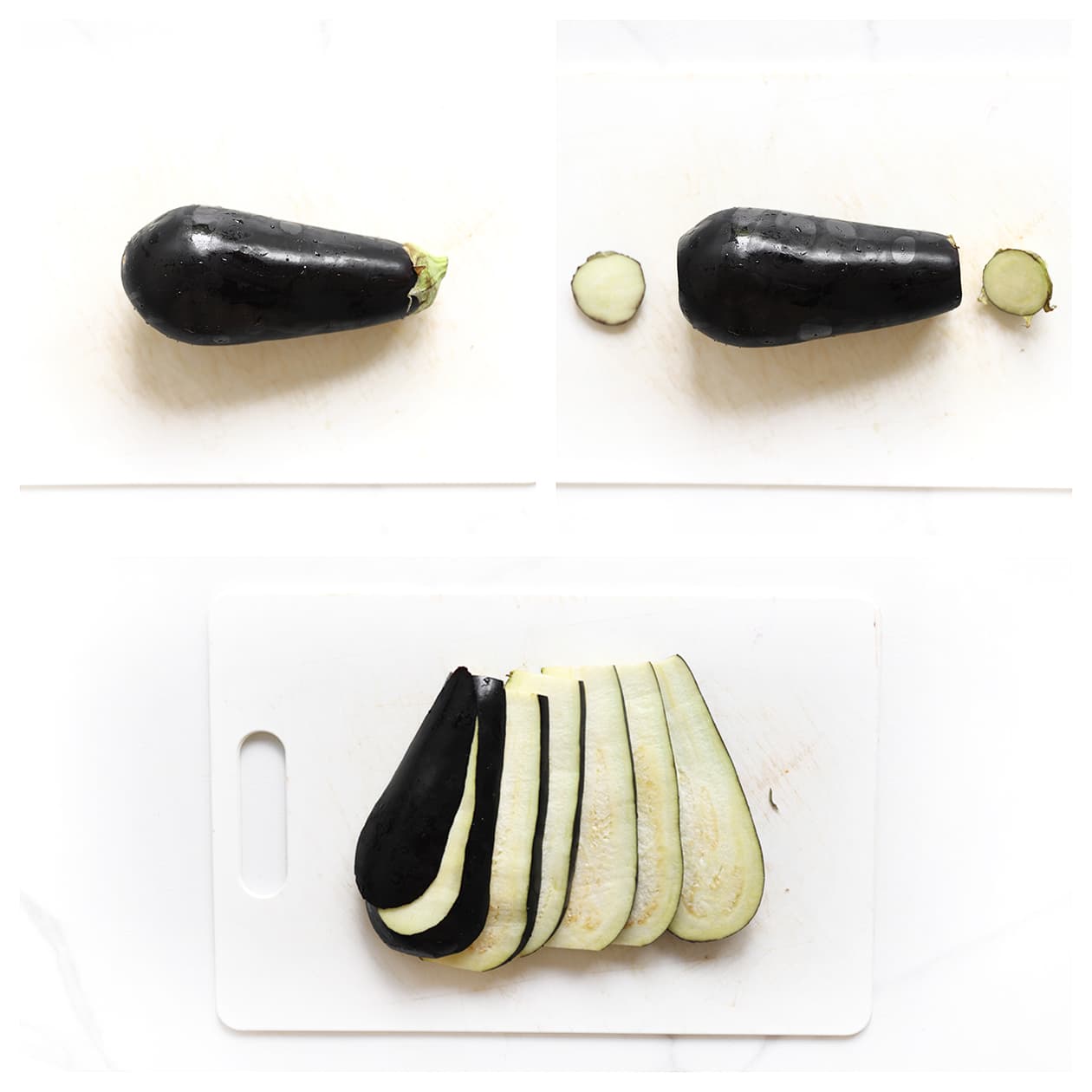 Aubergines in plakken van ongeveer één centimeter dik gesneden